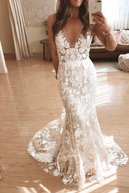 V Neck Elegant Lace Mermaid Prom Dress S18900