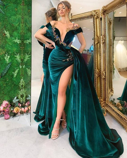 Off The Shoulder Velvet Unique Long Prom Dress With Appliques S20636