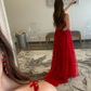 V Neck Tulle Red Lace Long Prom Dress with High Slit, Red Lace Formal Dress, Red Evening Dress Y217