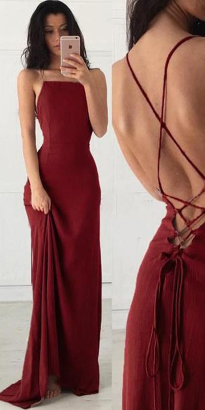 Simple Burgundy Spaghetti Straps Backless Prom Dress S8181