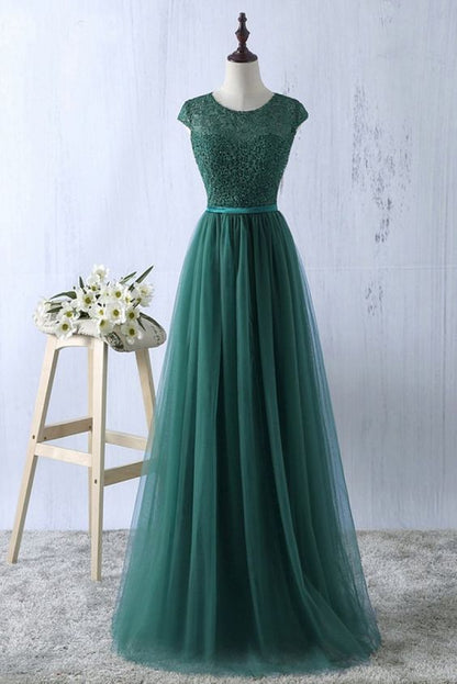 Green tulle lace top round neck long evening dresses ,simple formal dress S6796