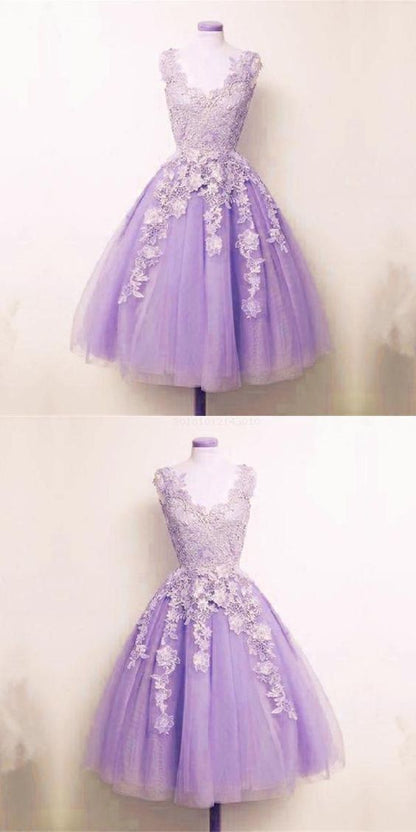 Fetching Appliques Homecoming Dress Lilac Tulle Lace Appliques A-line Short Homecoming Dress S10571