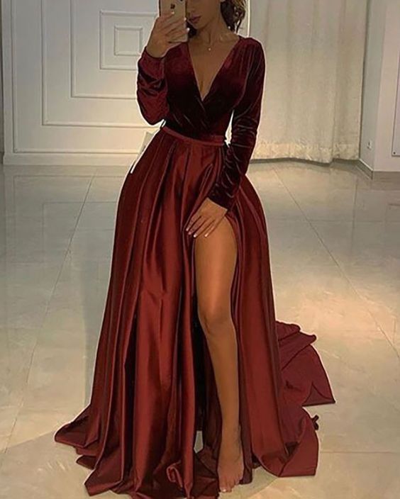 V Neckline Velvet Bodice Burgundy Prom Dress Sexy Leg Slit S12782