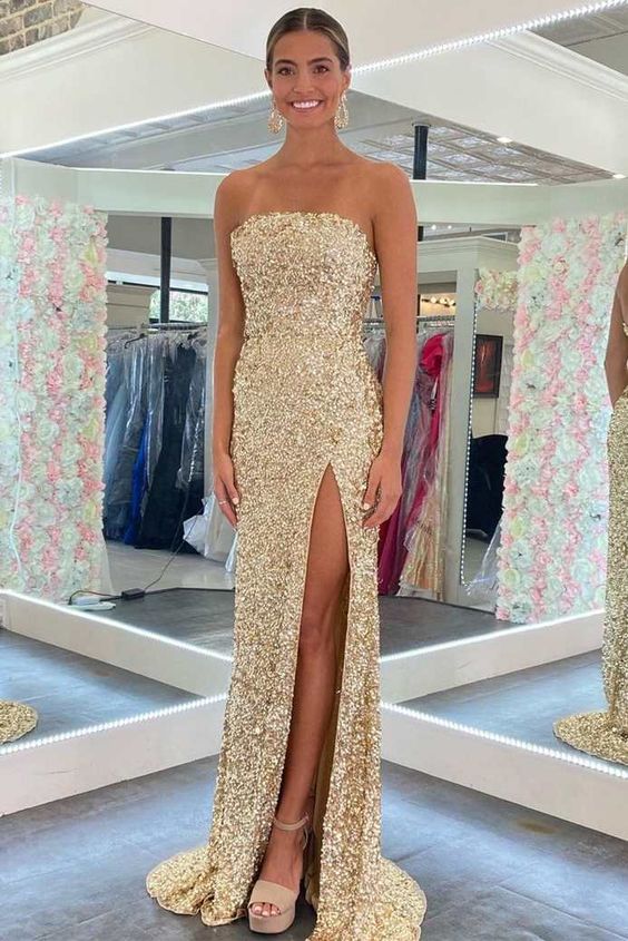 Gold Sequin Strapless Backless Mermaid Prom Dress Y48