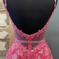 A Line V Neck Beaded Hot Pink Lace Long Prom Dress, Hot Pink Lace Formal Graduation Evening Dress  Y216