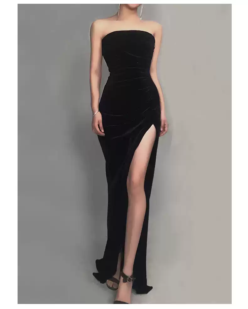 Elegant Strapless Black Velvet Prom Dress With Slit,Gala Dress Y1412