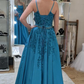 A Line Open Back Blue Lace Long Prom Dresses with Belt, Blue Lace Formal Dresses, Blue Evening Dresses Y174