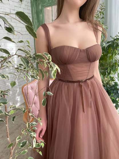 Brown Tea Length Prom Dresses, Tea Length Brown Formal Homecoming Dresses Y228