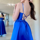 Backless Royal Blue Satin Long Prom Dress with High Slit, Backless Blue Formal Graduation Evening Dress Y203
