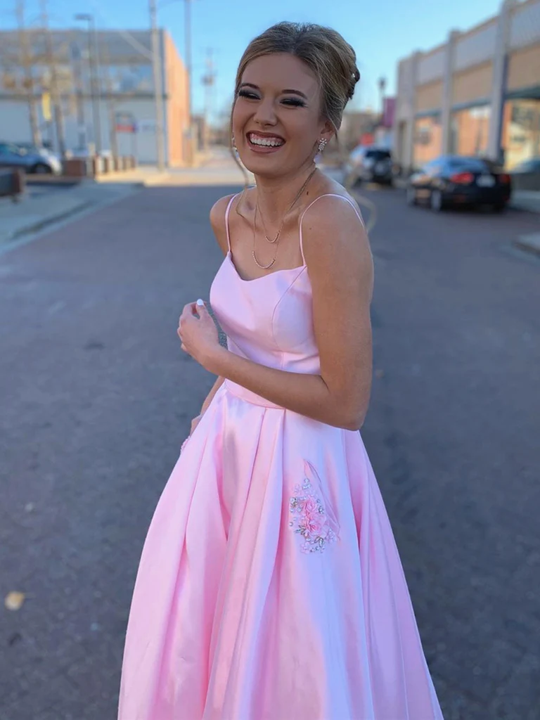 Pink Satin Prom Dress with Pockets, Pink Satin Long Formal Evening Dresses Y237