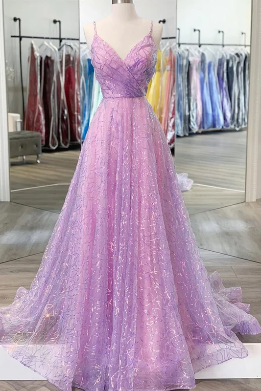 Shiny V Neck Backless Long Purple Prom Dress, Backless Purple Formal Graduation Evening Dress Y917
