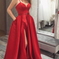 Simple V Neck Red Satin Long Prom Dress with High Slit, V Neck Red Formal Graduation Evening Dress Y220