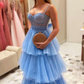 A-line Spaghetti Straps Blue Tulle Layered Prom Dress Blue Graduation Dress Charming Evening Dress Y453