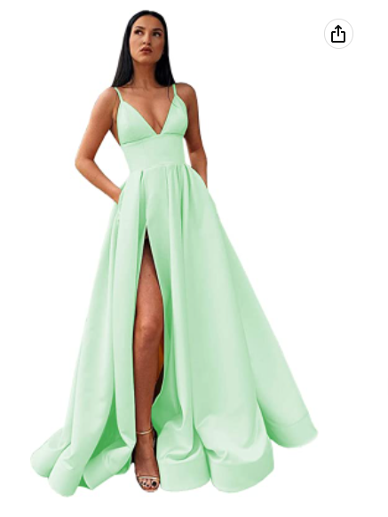 V-Neck Slit Satin Long Prom Dress Spaghetti Strap Evening Ball Gown with Pockets S14431