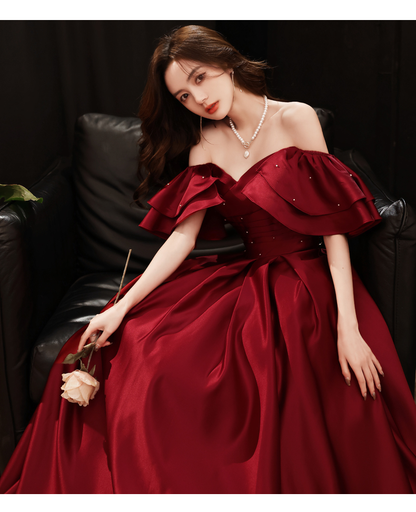 Dark Red Satin New Style Off Shoulder Long Prom Dress Y1643