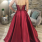 V Neck Open Back Burgundy Satin Long Prom Dress, V Neck Burgundy Formal Graduation Evening Dress Y210