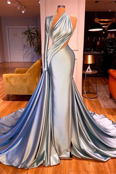 Gorgeous One Shoulder Long Sleeves Mermaid Prom Dress With Beads Y928