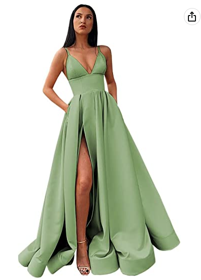 V-Neck Slit Satin Long Prom Dress Spaghetti Strap Evening Ball Gown with Pockets S14431