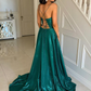 Green satin long prom dress A line evening dress Y243