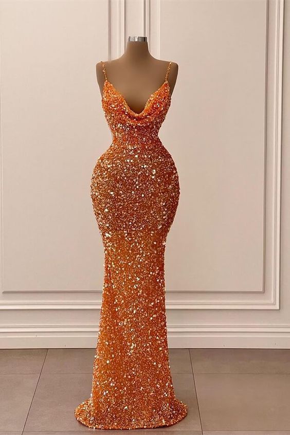 Orange V-Neck Mermaid Spaghetti-Straps Long Prom Dress With Sequins Y21