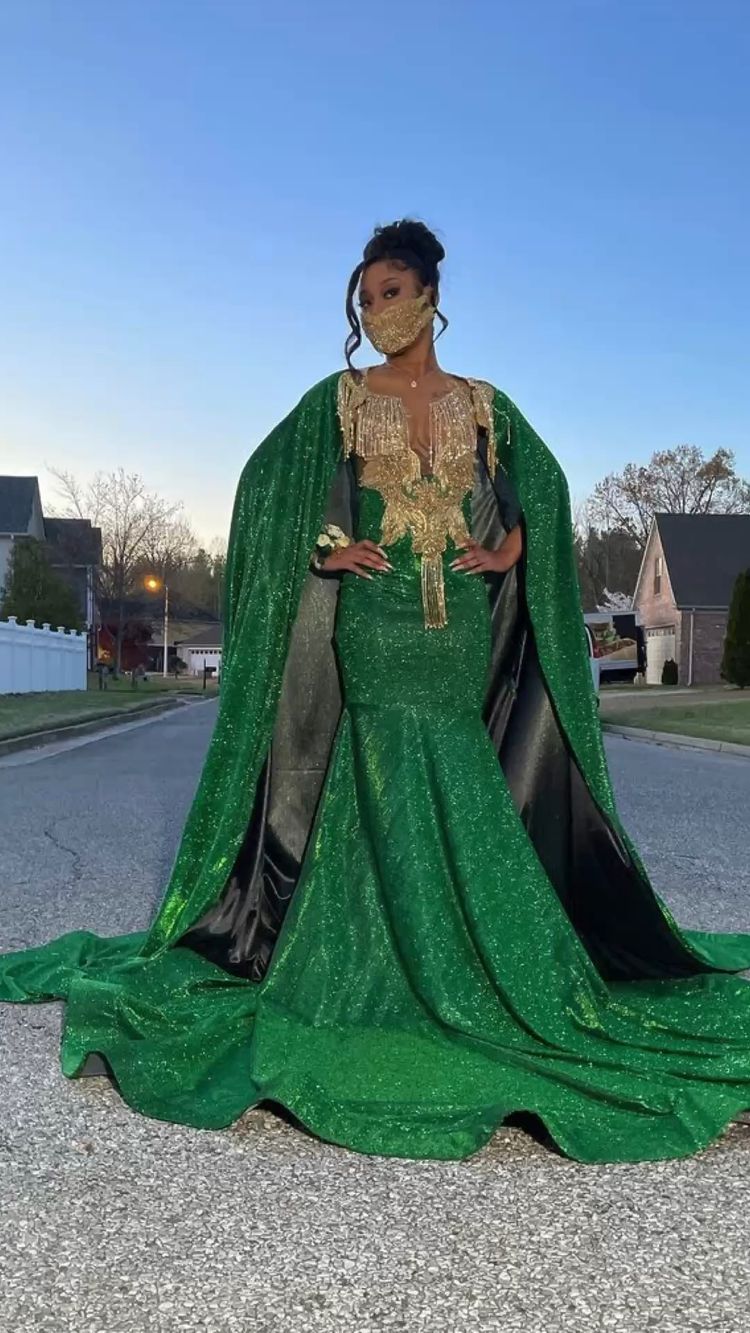 Unique Design Mermaid Green Sequins Prom Dress With Cape  Y116