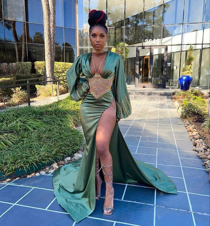 Green Mermaid Prom Dress With High Split Puff Sleeves Long Dress Y65