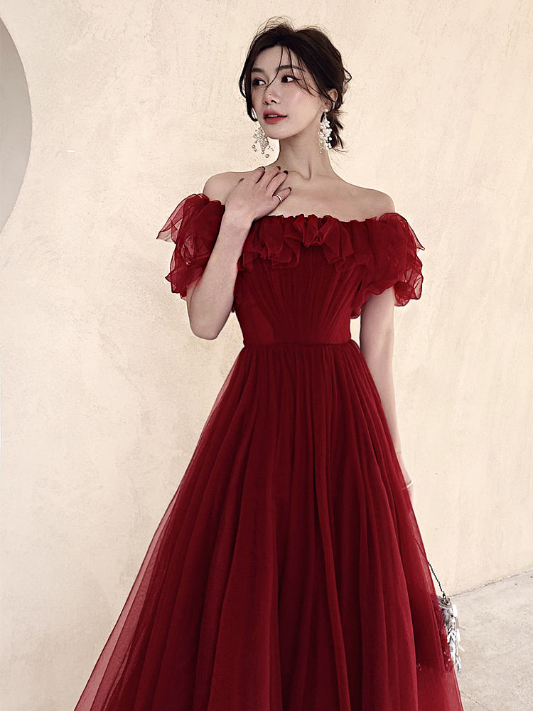 Dark Red Velvet Long Formal Gown, Off Shoulder Dark Red Prom Dress Y1435