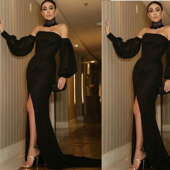 Black Evening Dress, Long Sleeve Prom Dress, Mermaid Evening Dress Y92