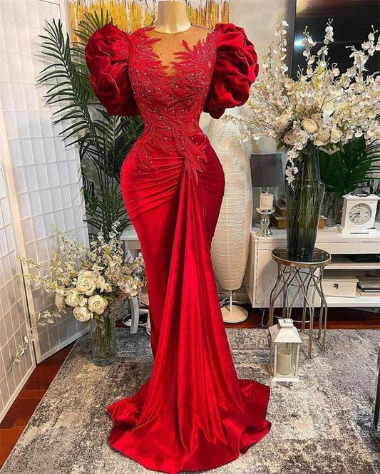 Luxury Red Mermaid Prom Dresses Lace Beaded Sheer Neck Evening Dress Formal Party Wear Y02