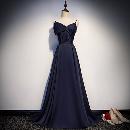 Dark blue satin long prom dress, simple evening dress s93
