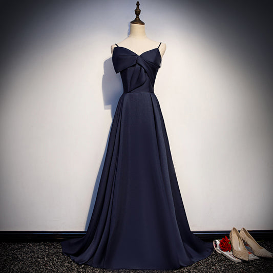 Dark blue satin long prom dress, simple evening dress s93
