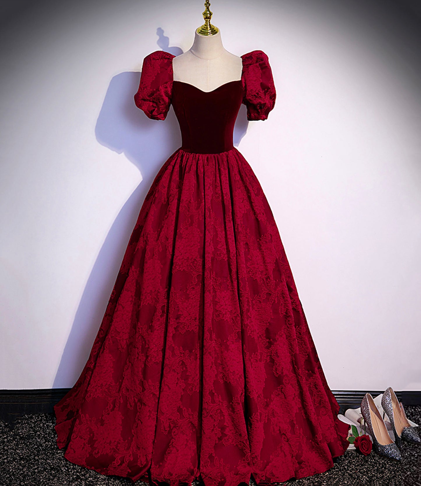 Burgundy velvet jacquard long prom dress evening dress s89