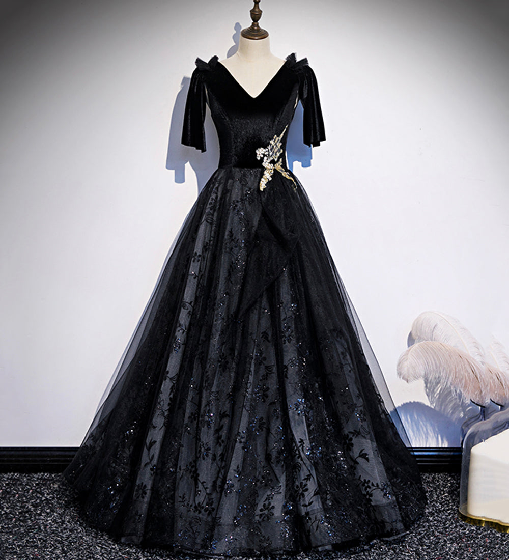 Black velvet lace long prom dress evening dress s103