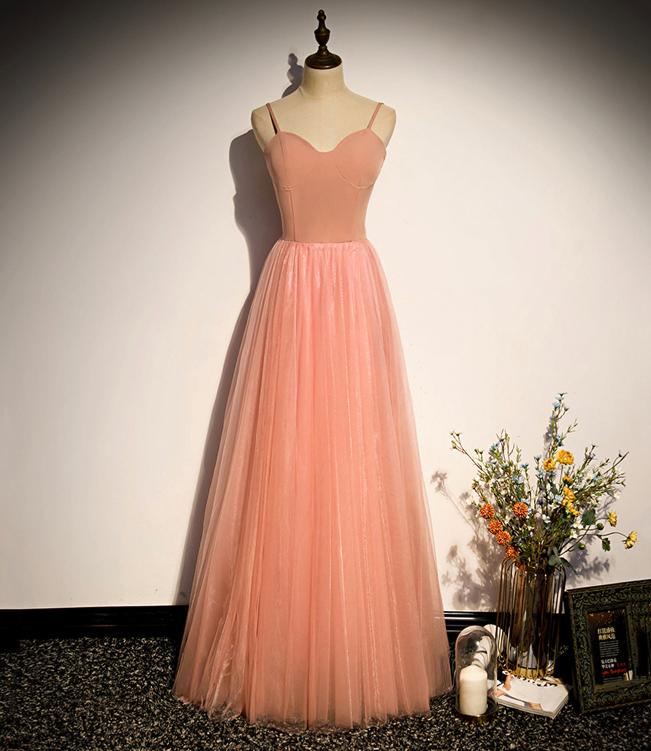 Pink tulle long prom dress A line evening dress s92
