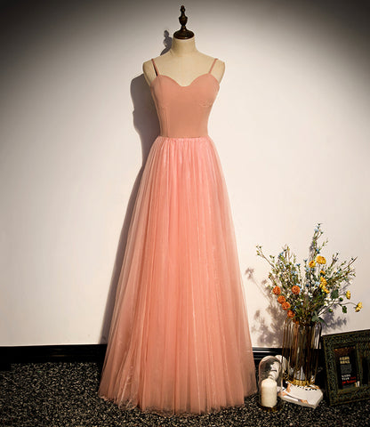 Pink tulle long prom dress A line evening dress s92