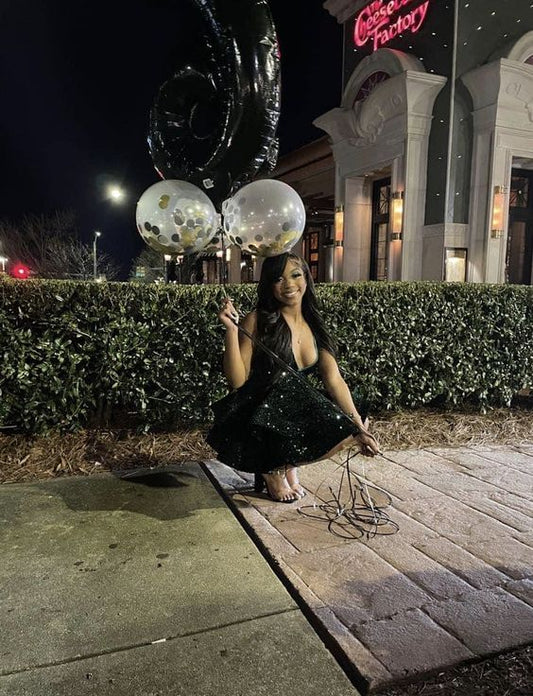 Black Sequins Deep V Neck Homecoming Dresses, Tiered Hoco Dress Y1394