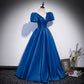 Blue saitn long prom dress A line evening gown s64