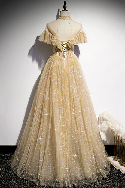 Gold A line sequins long ball gown dress formal dress s78