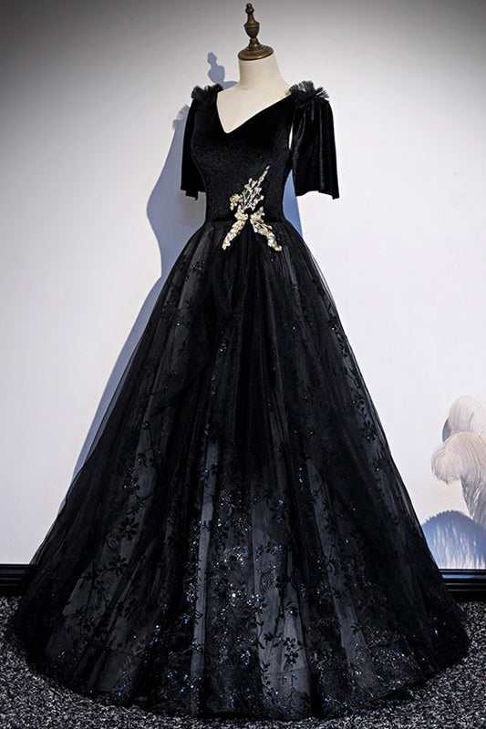 Black velvet lace long prom dress evening dress s103