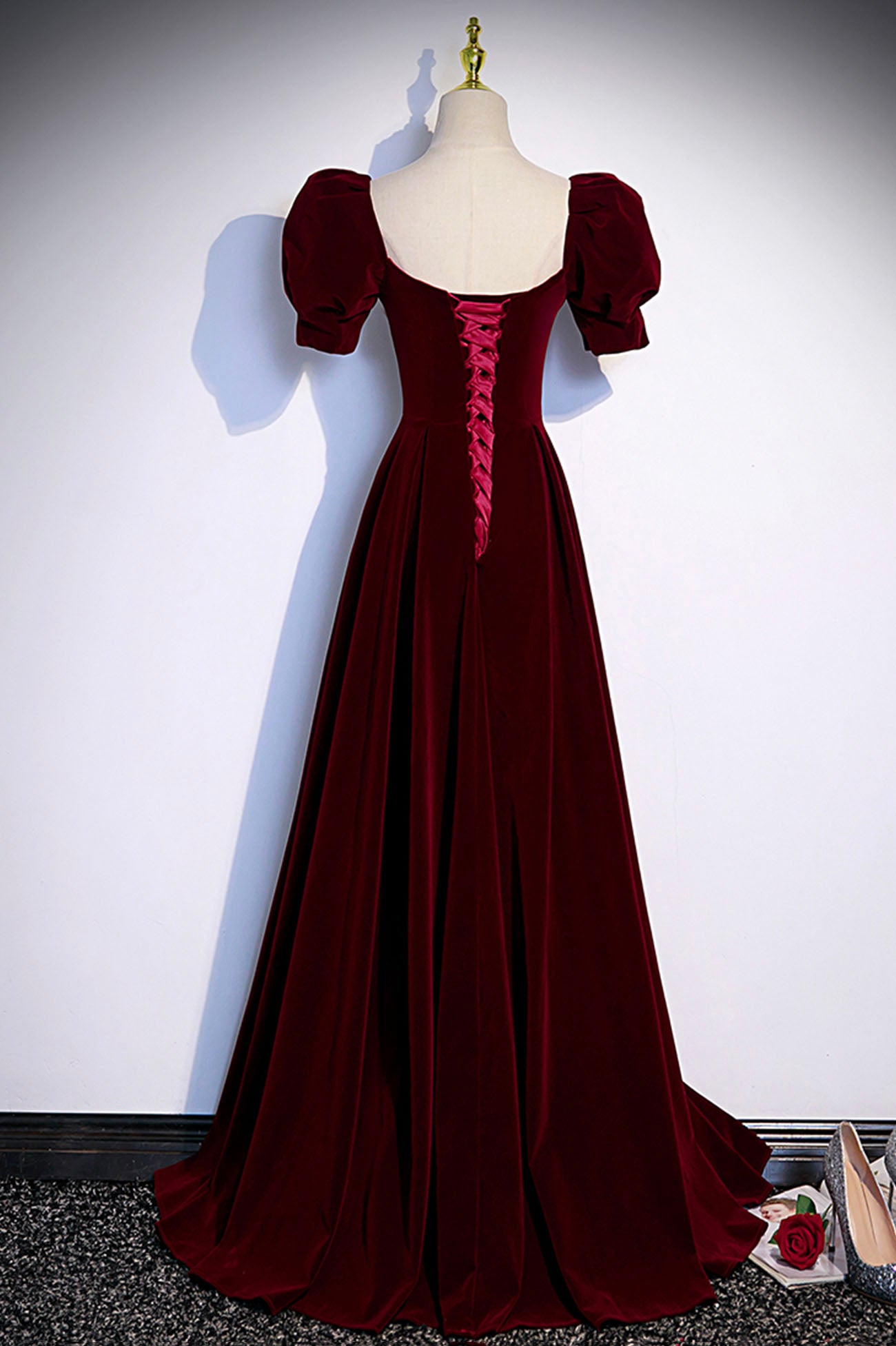 Burgundy velvet long prom dress evening dress  s88