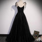 Black tulle beads long prom dress A line evening dress s58