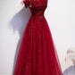 Burgundy tulle sequins long A line prom dress evening dress s69