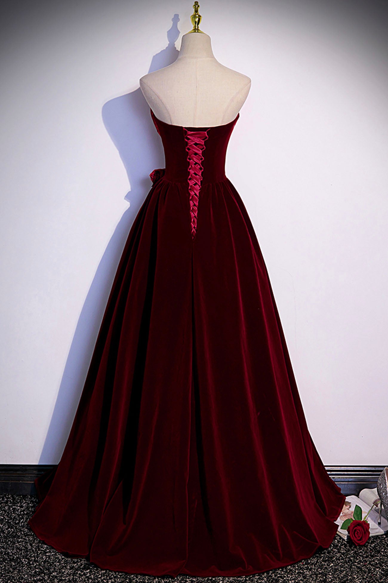Burgundy velvet long prom dress A-line evening gown s86