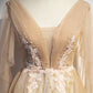 Champagne v neck lace long prom dress A line evening dress s77