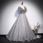 Gray tulle sequins long prom dress A line evening gown s65