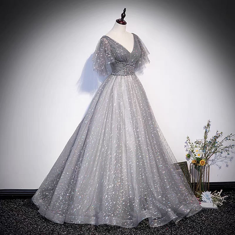 Gray tulle sequins long prom dress A line evening gown s65