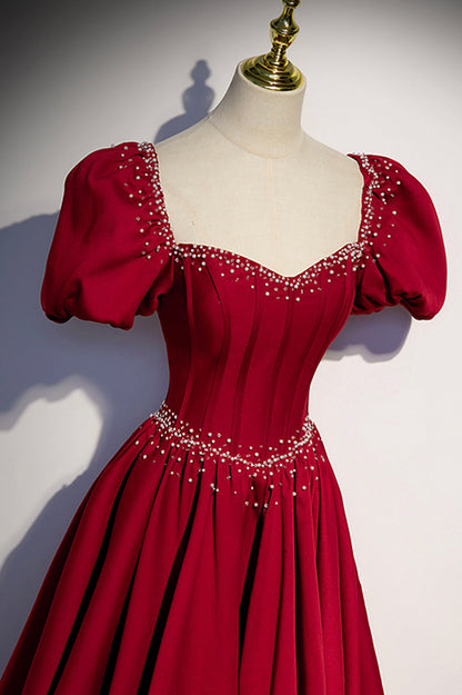 Burgundy A-line satin long prom dress evening dress s85