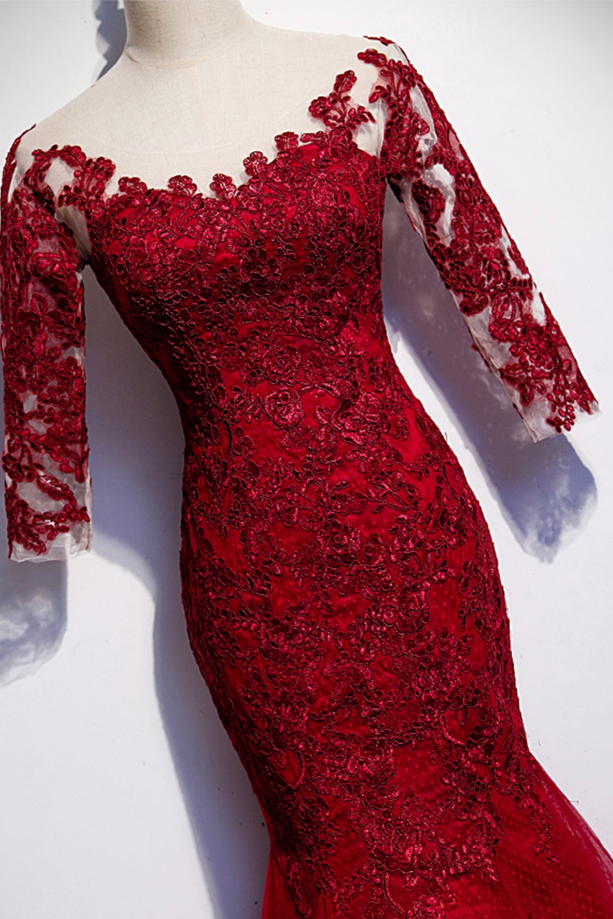 Burgundy lace long prom dress mermaid evening dress s110