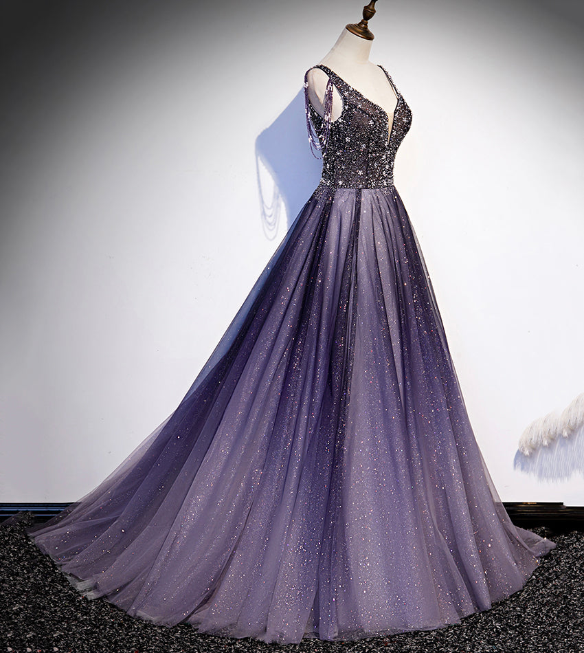 Purple v neck tulle beads long prom dress evening dress s104