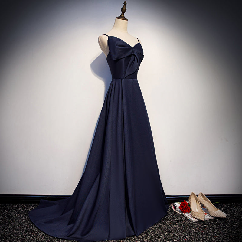 Dark blue satin long prom dress, simple evening dress s93